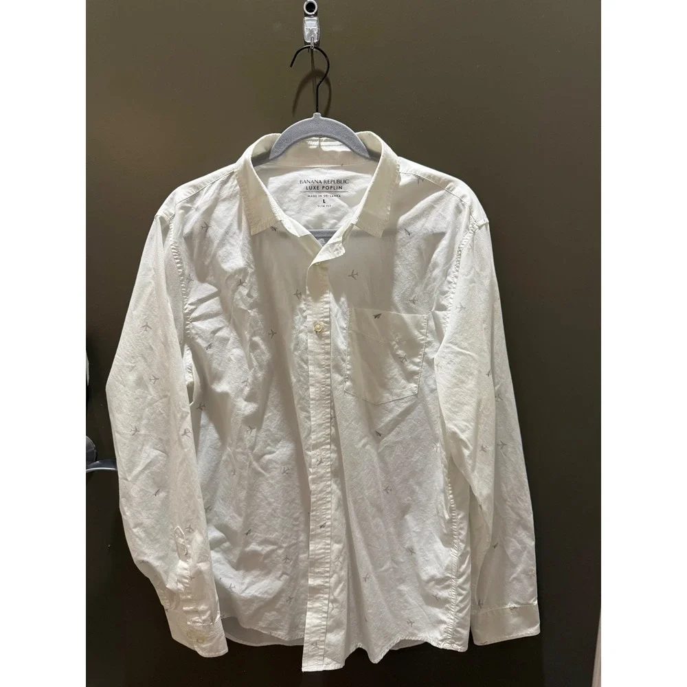 Banana Republic Luxe Poplin Mens Large Slim Fit White Airplane Print Button Down